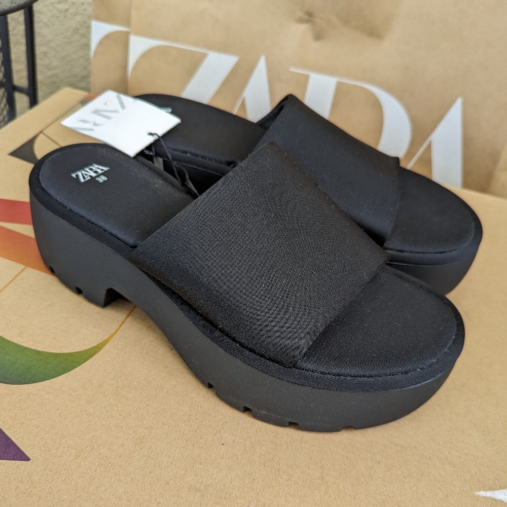 Zara Lug Sole Neoprene Sandals  BLACK Size 7.5 or 38 NWT